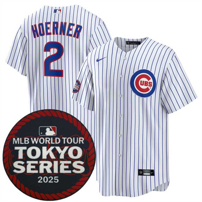 Mens Chicago Cubs #2 Nico Hoerner White 2025 World Tour Tokyo Series Home Stitched Jersey Dzhi